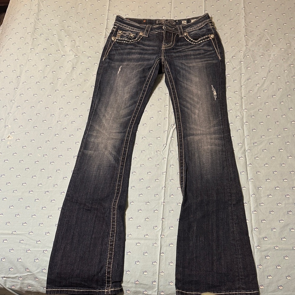 Miss Me Dark Indigo Flare Jeans with Contrast Stitching